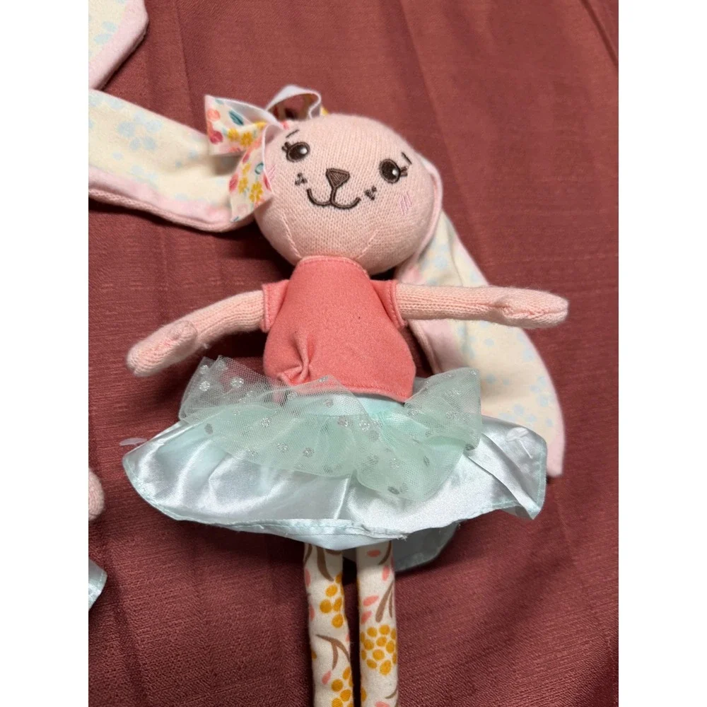 Set of 2 Plush Ballerina Bunny Dolls Pink Mint Green Tulle Tutu Floral Knit 12